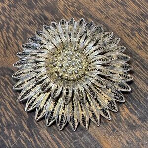 Vintage gold vermeil sterling silver filigree sunflower brooch pin